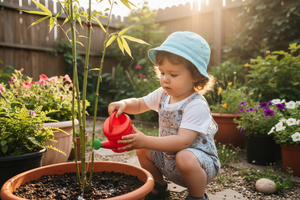 small kid under 2 pouring water to bamboo small tree